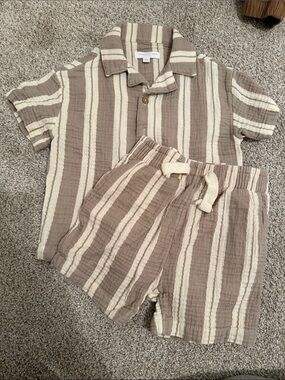 Striped Brown & Cream Kids Pajama Set - Short Sleeve Top & Drawstring Shorts